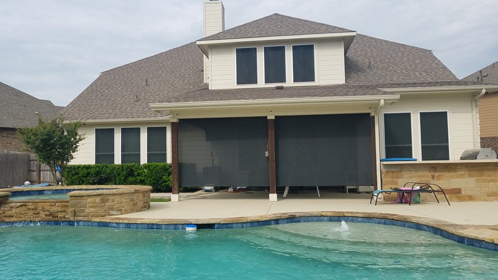 The installed cost for these two Austin Texas outside shades for the porch was $774. The installed price of $774 included one measure trip, one installation trip, sales-tax and (2) 110" wide Austin Texas outside shades for the porch. 97% black fabric.  