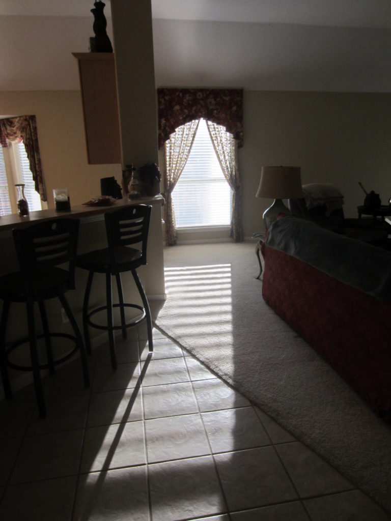 This is a 90% solar screen covering this west-facing window. This picture was taken when the Sun was shining from the West on to this window. As you can see by the floor there, you will see how much shade this solar window screen is giving this home-owner. That 90% solar screen is not making it dark. There's still plenty of good filtered light coming through.