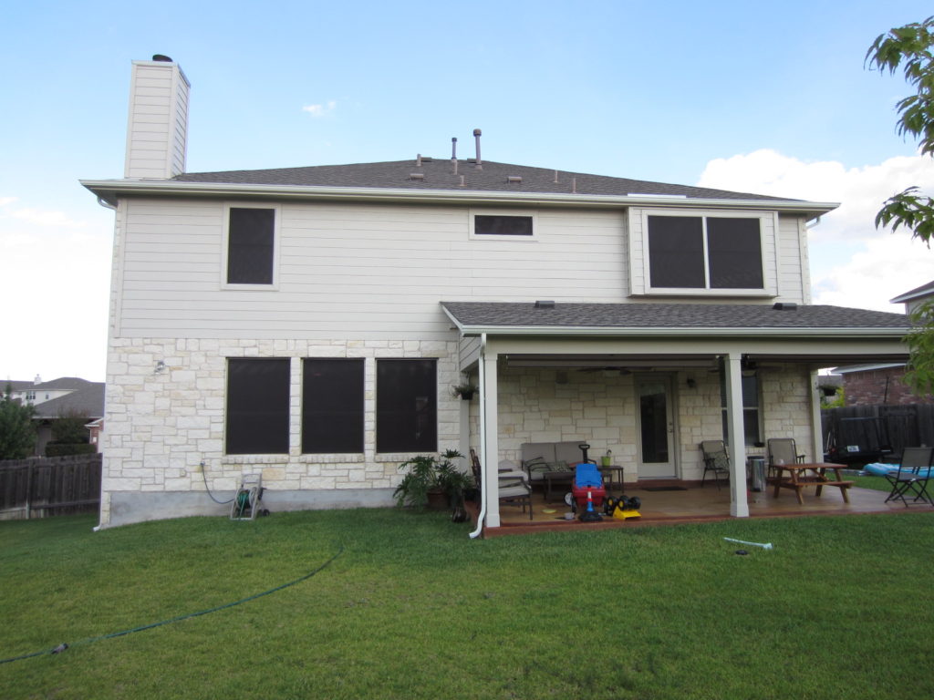 Solar sun shade screens for all windows on the back of this home except the two under the patio covering. Yes, we can put a solar sun shade screen on the back patio door.