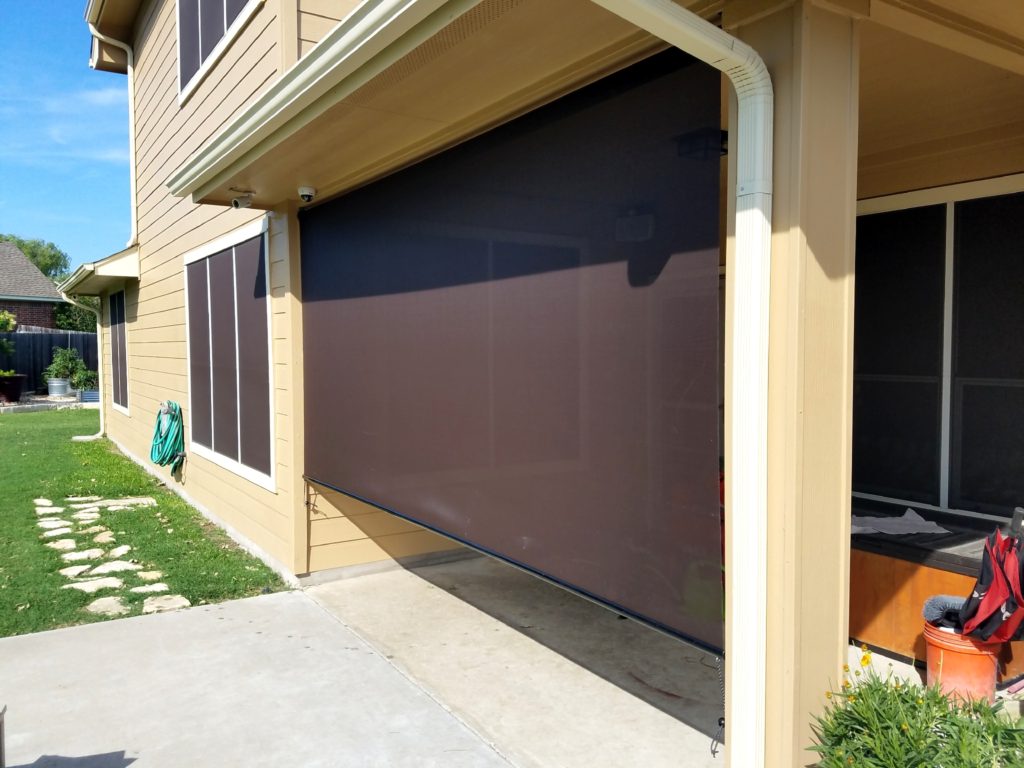 Here we made our solar screens for windows out of our 90% chocolate fabric, therefore we made our outdoor sun shade for the patio out of the same chocolate 90% fabric.