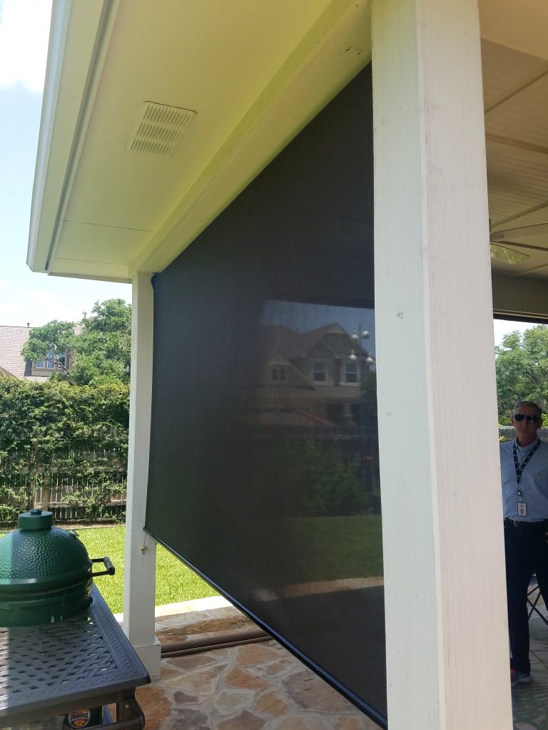 This is our brand new exterior patio roller shade.  Made out of the same 90% chocolate brown fabric we made our solar window screens out of.