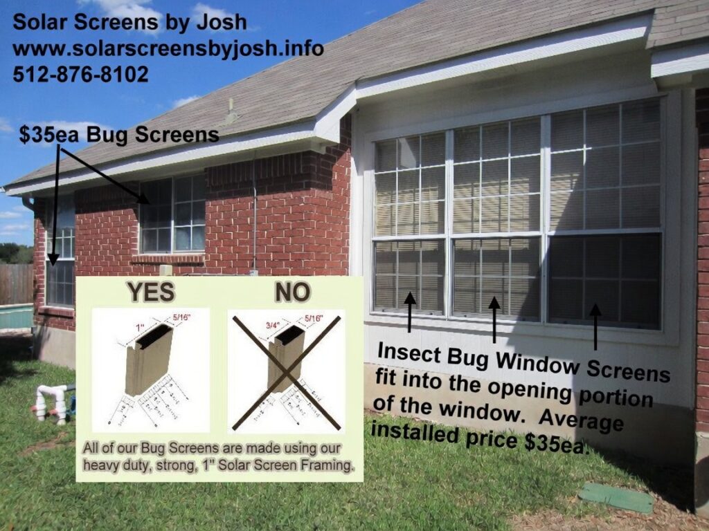 Heavy-duty insect bug window screens installed on a red brick Austin Texas home using strong 1" solar screen framing