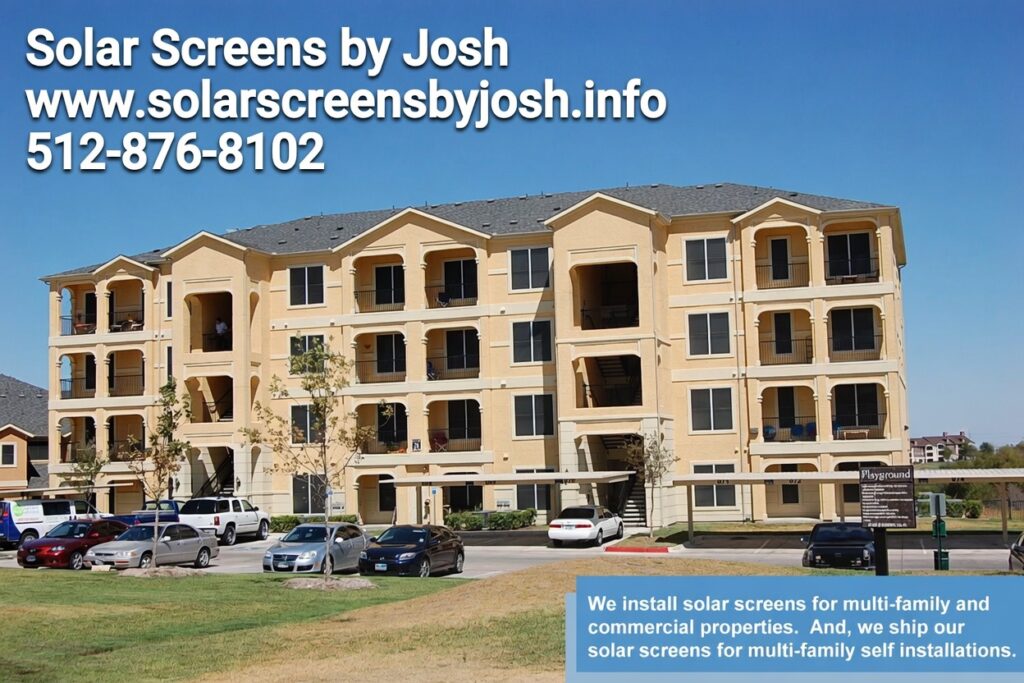 Large Austin TX apartment community showing professional exterior solar screen installation on multiple units